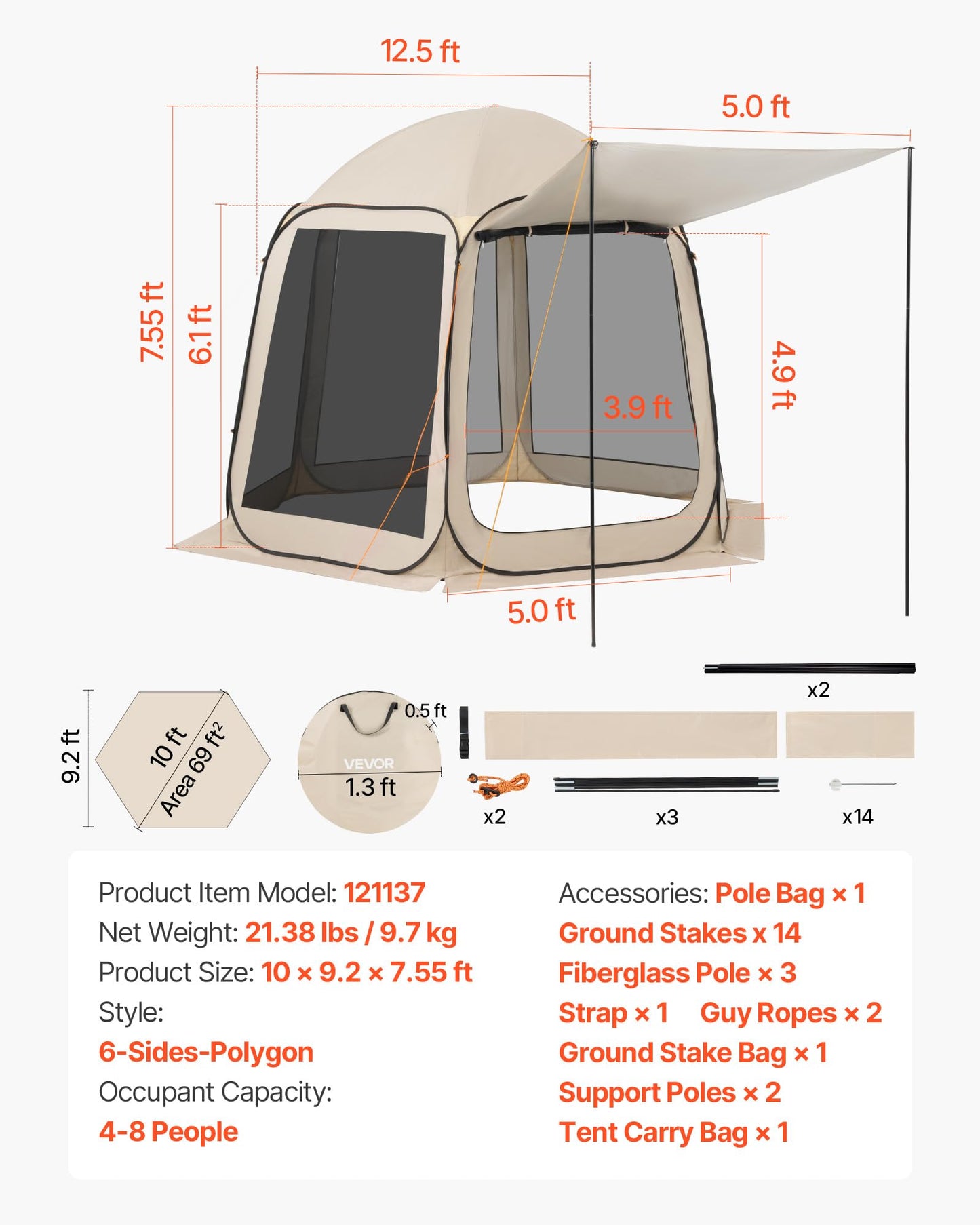Pop Up Screen House Tent VEVOR 10 x 9.2 FT Pop-Up Screen Room with Awning, Portable Screen Tent Gazebo for 4–8 Person, Instant Screen Canopy with Carry Bag for Patio Backyard Camping