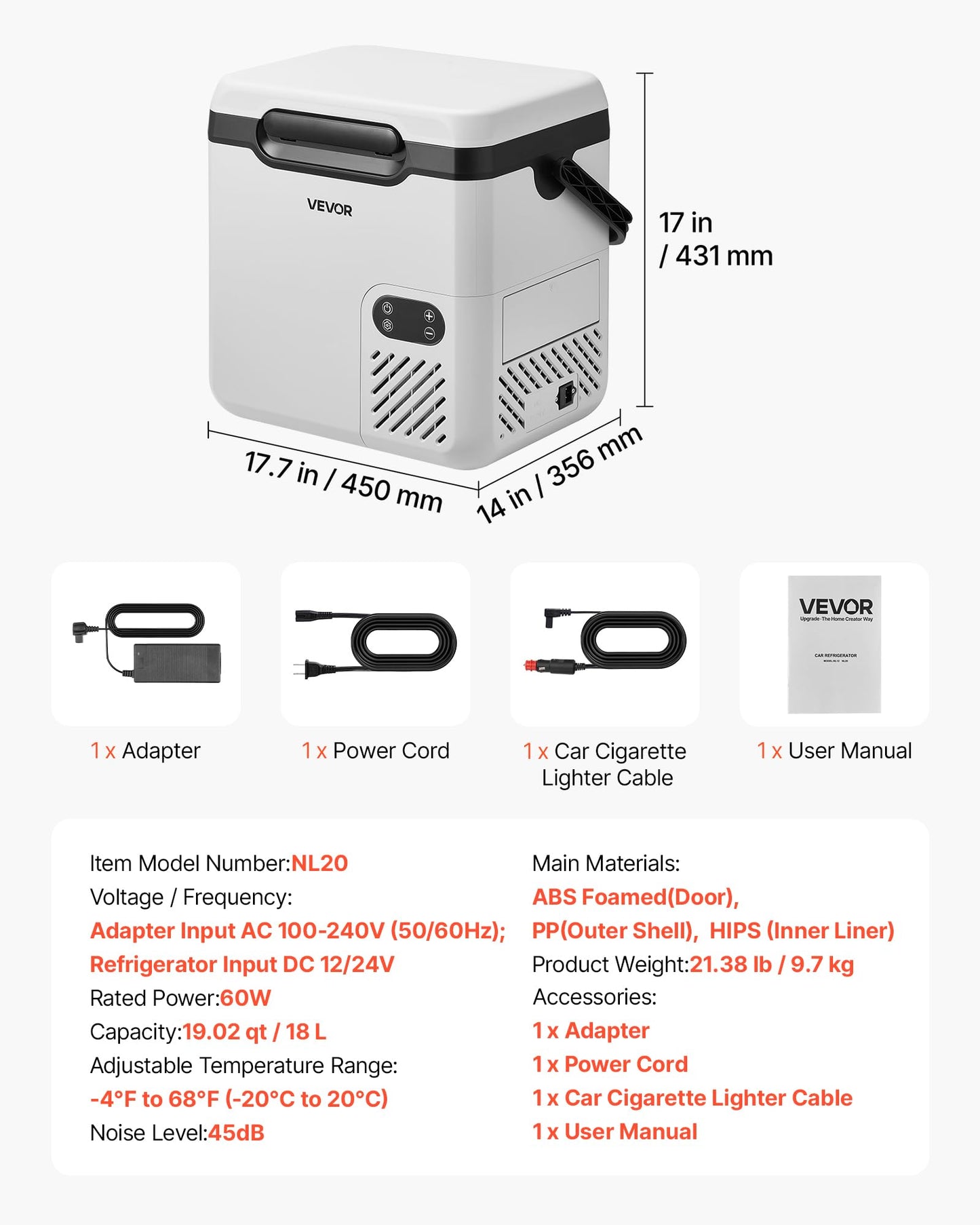 VEVOR 12 Volt Refrigerator, 19 QT/ 18L Car Fridge, Portable Electric Freezer Compressor with Handle, 12V/24V DC 100-240V AC, -4℉ to 68℉/ -20℃ to 20℃, for Truck Van RV SUV Boat Travel Camping