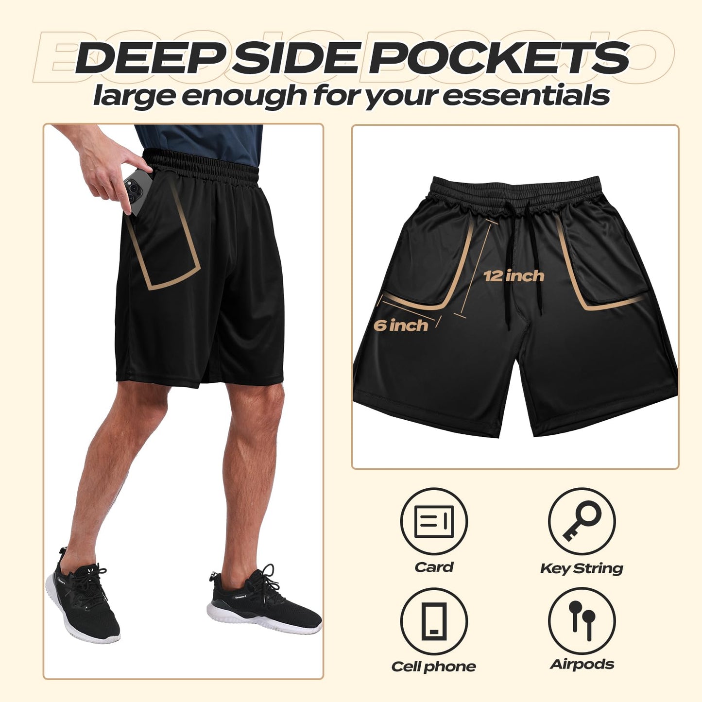BOOJO 5 Pack Athletic Gym Mens Shorts - Workout Black Quick Dry Basketball Shorts with Pockets for Running Casual Activewear