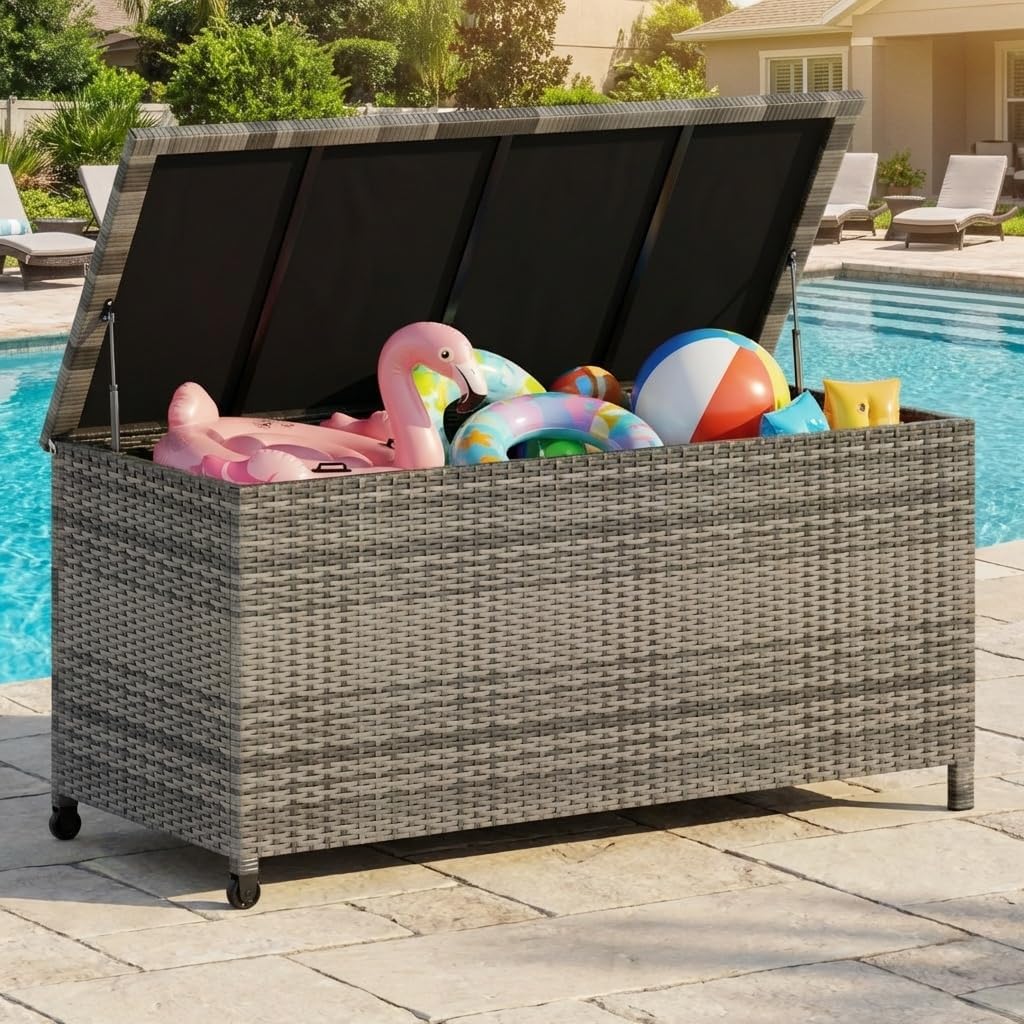 125 Gallon Outdoor Wicker Deck Box, All-Weather Waterproof Patio Storage with PE Rattan Finish & Steel Frame, for Cushions, Garden Tools, Pool Supplies, Lockable Gray Storage Box with Soft-Close Lid