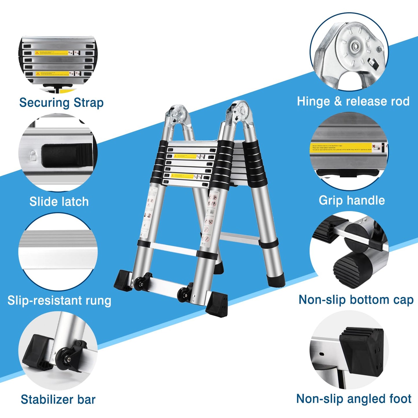 Wolec 16.5 FT A Frame Telescoping Ladder, Adjustable Multi-Purpose Collapsible Extension w/Balance Bar & Wheels, Heavy Duty 330 lbs Max Capacity, Ideal for Home and Outdoor Work, Silver