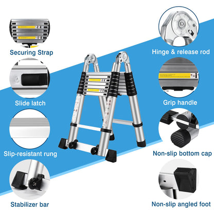 Wolec 16.5 FT A Frame Telescoping Ladder, Adjustable Multi-Purpose Collapsible Extension w/Balance Bar & Wheels, Heavy Duty 330 lbs Max Capacity, Ideal for Home and Outdoor Work, Silver