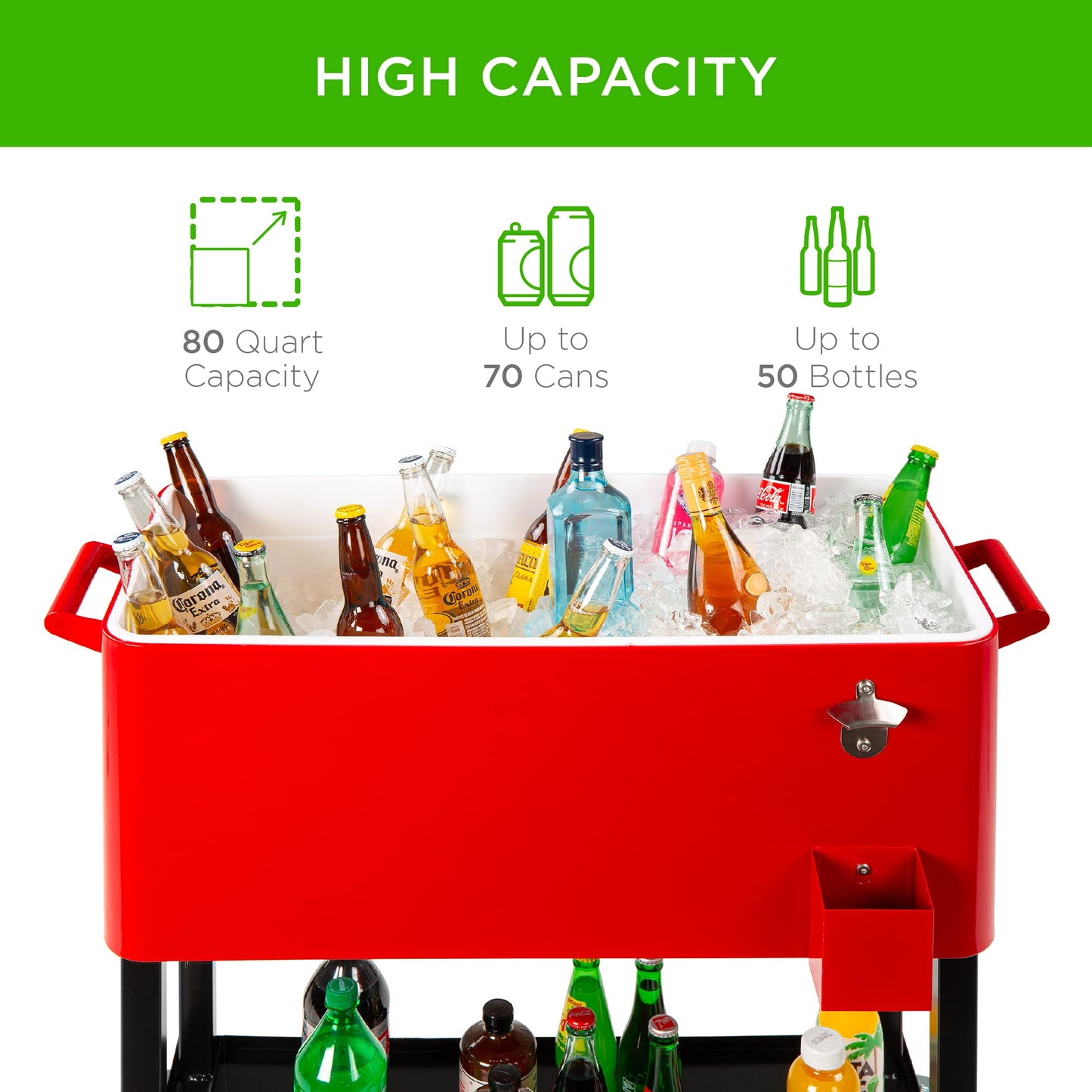 Best Choice Products 80-Quart Outdoor Steel Rolling Cooler Cart w/Ice Chest, Bottle Opener, Catch Tray, Drain Plug, Locking Wheels - Red