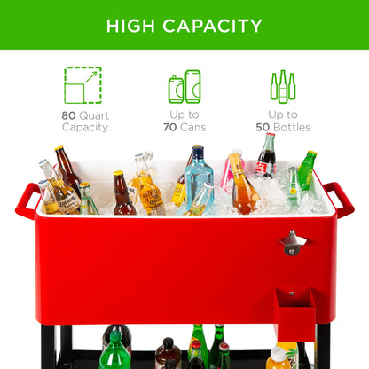 Best Choice Products 80-Quart Outdoor Steel Rolling Cooler Cart w/Ice Chest, Bottle Opener, Catch Tray, Drain Plug, Locking Wheels - Red