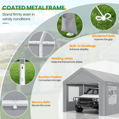 COBIZI Carport Canopy 12x20 Heavy Duty Portable Garage with Removable Sidewalls & Doors, Car Port Canopy Tent with Built-in Sandbags & All-Season Tarp for Car Boat Truck, Gray