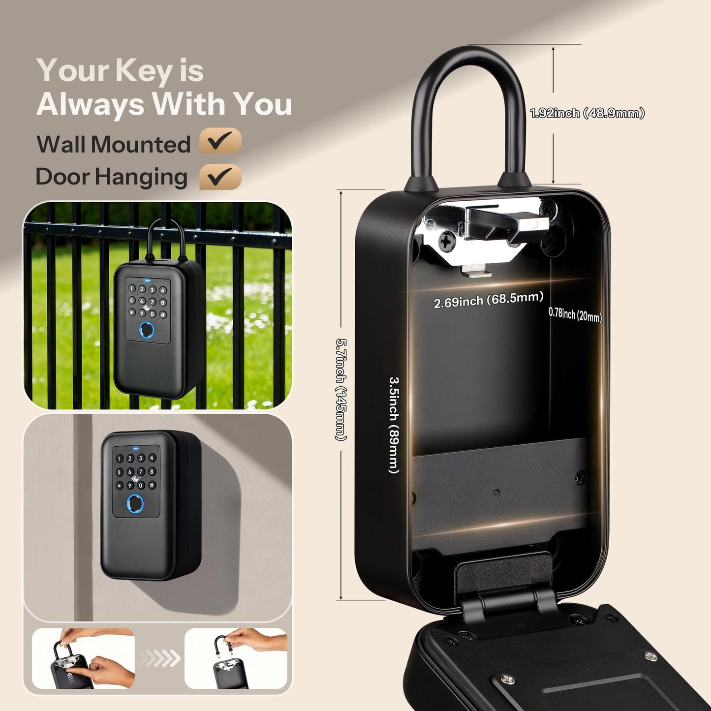 Moquin Smart Bluetooth Key Lock Box Outdoor IP65 Waterproof Fingerprint Lock Box Works with Tuya App, Key Safe with Silicone Keypad, Large Storage for Home, Airbnb & Realtors