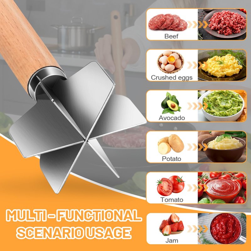11 inch Stainless Steel Meat masher with 6 Blades, Metal Potato Masher, Ground Beef chopper tool, Suitable For Making Ground meat, Mashed potatoes, Jam and more（one pack)