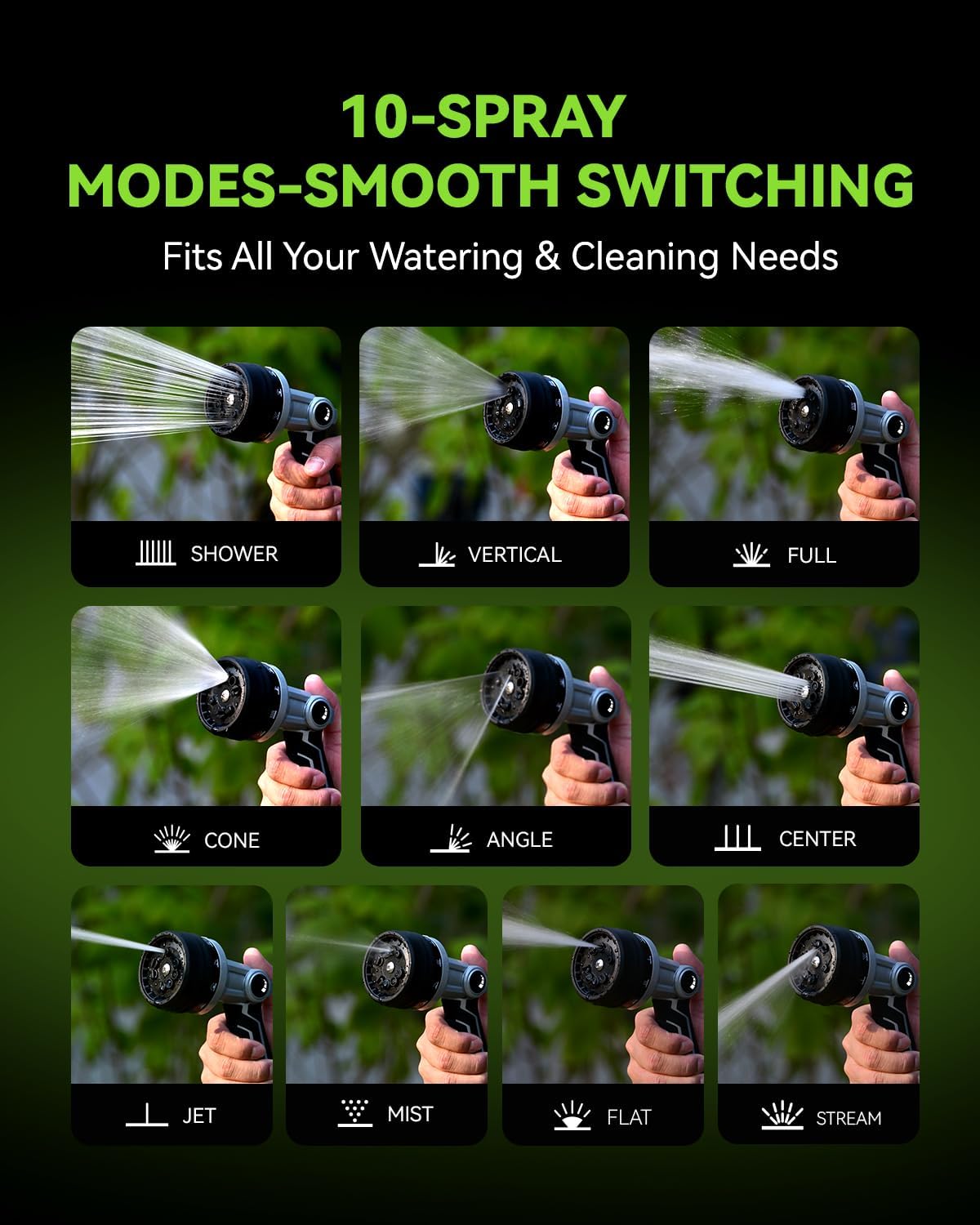 RAINPOINT Full-Metal Garden Hose Nozzle - Heavy Duty Sprayer with 10 Adjustable Patterns & Thumb Control | Black