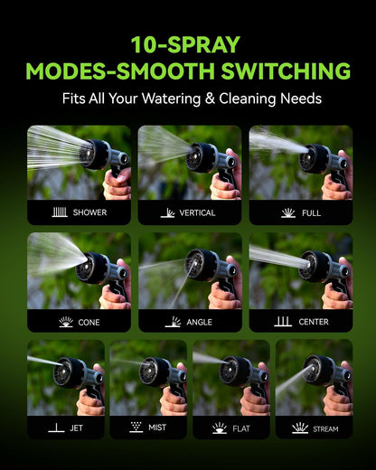 RAINPOINT Full-Metal Garden Hose Nozzle - Heavy Duty Sprayer with 10 Adjustable Patterns & Thumb Control | Black