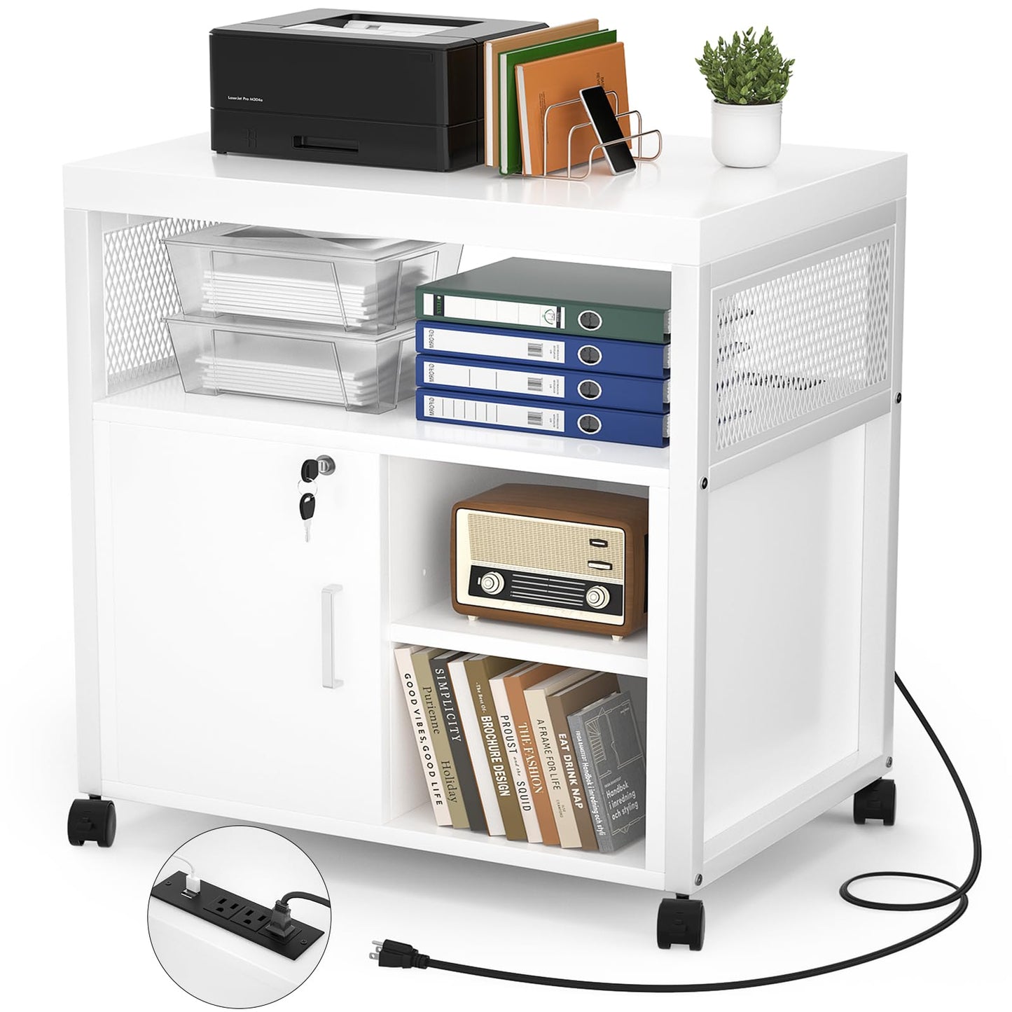 Unikito Rolling File Cabinet Lateral Office Filing Cabinets with Socket and USB Charging Port, Modern Printer Stand on Wheels, Printer Cabinet with Door and Open Storage, Lockable, White