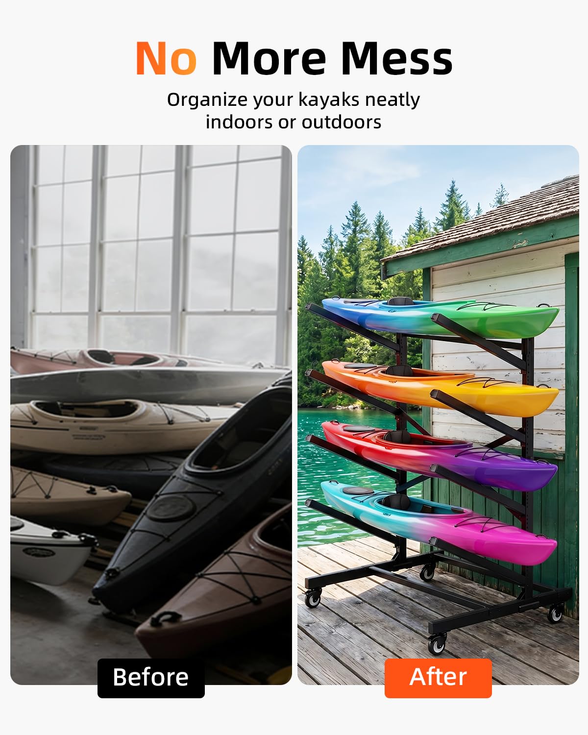 Ultrawesome 4-Tier Single-Sided Kayak Storage Rack with Wheels, Heavy Duty Freestanding Canoe Stand for 4 Kayaks, 400lbs Capacity, Adjustable Arms, Indoor Outdoor Garage Shed Dock Use