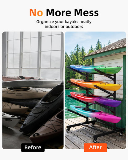 Ultrawesome 4-Tier Single-Sided Kayak Storage Rack with Wheels, Heavy Duty Freestanding Canoe Stand for 4 Kayaks, 400lbs Capacity, Adjustable Arms, Indoor Outdoor Garage Shed Dock Use