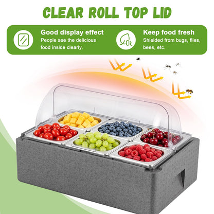Tragaomx Insulated Cold Food Buffet Ice Serving Tray with Lid Insulation Box 6 Pans 2 Ice Packs Cooled Condiment Serving Container Ice Platter Food Cooler For Parties Buffets Fruit