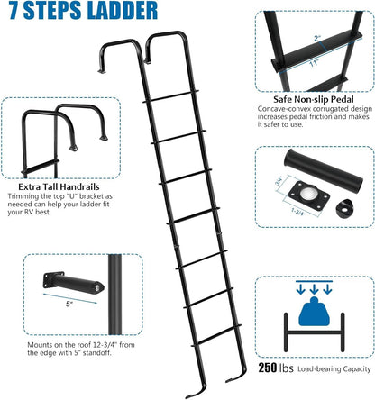 OUTPRIZE Universal Exterior RV Ladder, 7.6FT-8.4FT Aluminum Travel Trailer Ladder, 250lbs Capacity, Black