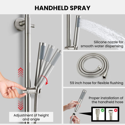 gotonovo Outdoor Shower Fixtures SUS304 Stainless Steel Rain Shower Kit Faucet High Pressure Wall Mount 2 Dual Function 8 Inch Showerhead and Handheld Spray Combo, Double Cross Handle, Brushed Nickel