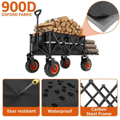 Collapsible Wagon Heavy Duty Foldable 200L Large Garden Utility Cart, 10" Big Wheels All Terrain, 800lbs Collapsible Wagons Carts with Extended Tailgate for Camping Beach