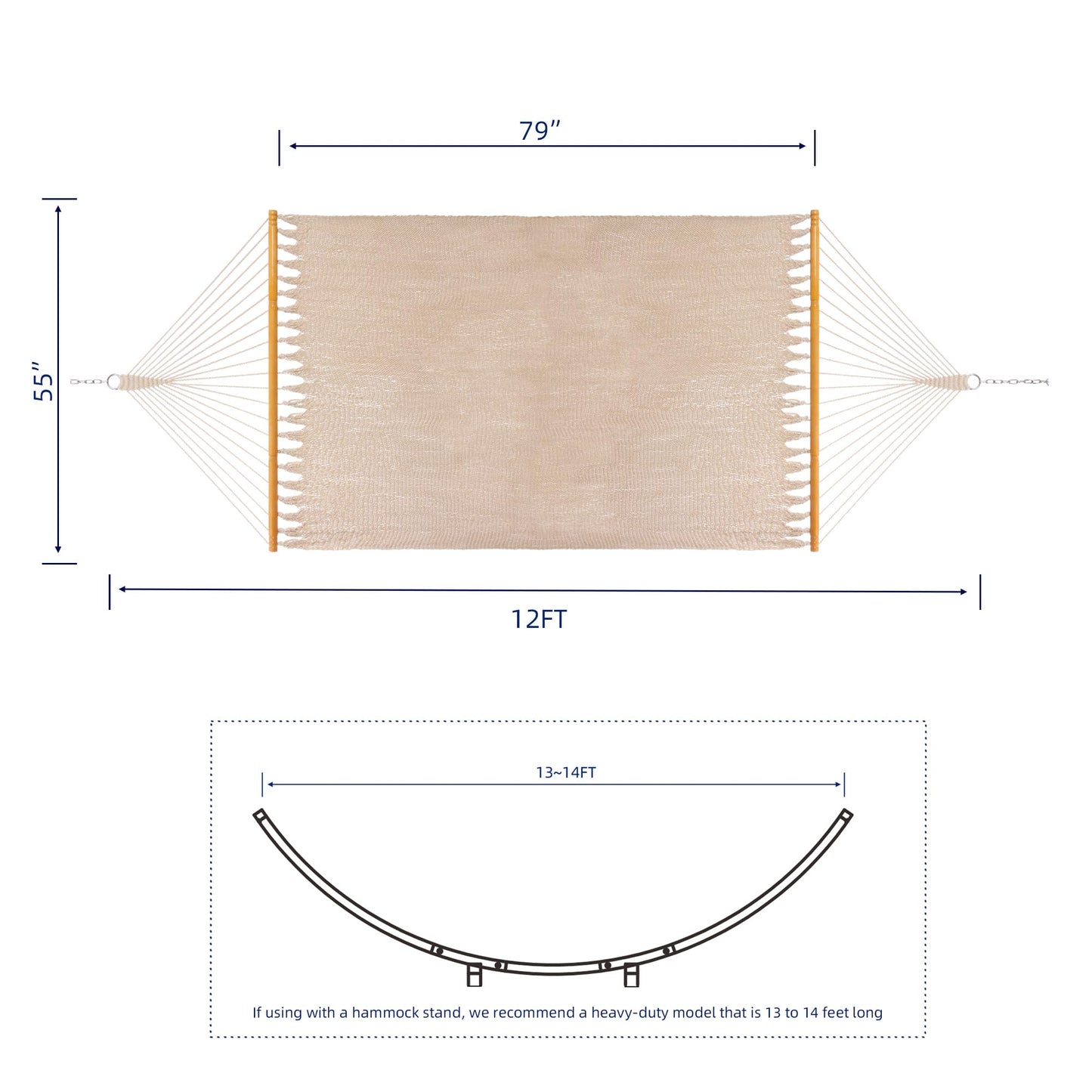 SANIWERKE® Double Caribbean Hammock 79" x 55" Woven Bed, 12 FT Long with Solid Spreader Bars, Hand Tightly Woven Rope Net, All Weather Outdoor Hammock for 2 Persons, 450 LBS Capacity, Warm Oatmeal