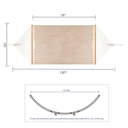 SANIWERKE® Double Caribbean Hammock 79" x 55" Woven Bed, 12 FT Long with Solid Spreader Bars, Hand Tightly Woven Rope Net, All Weather Outdoor Hammock for 2 Persons, 450 LBS Capacity, Warm Oatmeal