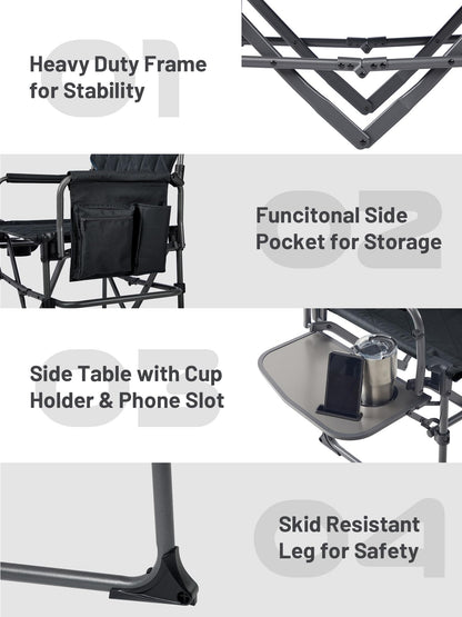 TIMBER RIDGE Heavy Duty Camping Chair with Compact Size, Portable Directors Chair with Side Table and Pocket for Camping, Lawn, Sports and Fishing, Supports Up to 400lbs, Black 2 Pack