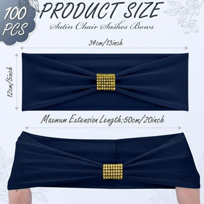 Hahafelt Spandex Chair Sashes with Rhinestone Buckle - 100 Pcs Navy Blue Bowknot Ties for Weddings & Events