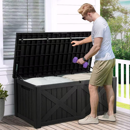 YITAHOME 150 Gallon Large Deck Box with X-Shaped Front, Resin Outdoor Storage Boxes, Waterproof Cushion Storage Bench for Patio, Pool Supplies, Garden Tools - Lockable, Black