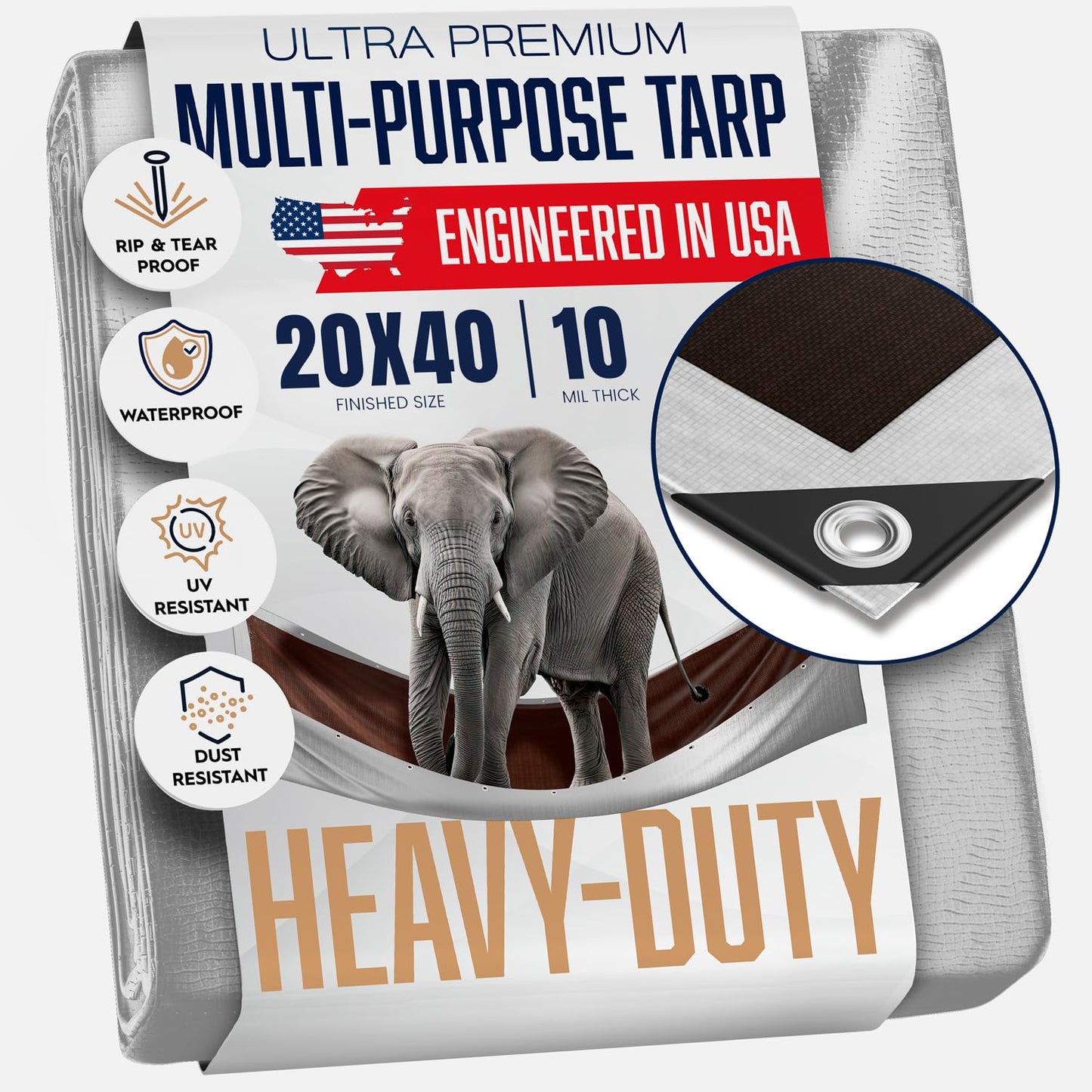 20x40 Tarp Heavy Duty, Large Tarp Waterproof - 10 Mil Extra Thick, UV Resistant, Grommets Every 18" - Outdoor Waterproof Plastic Poly Tarpaulin, Camping, Pool, House Roof Rain Cover (Silver/Brown)
