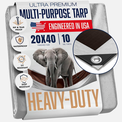 20x40 Tarp Heavy Duty, Large Tarp Waterproof - 10 Mil Extra Thick, UV Resistant, Grommets Every 18" - Outdoor Waterproof Plastic Poly Tarpaulin, Camping, Pool, House Roof Rain Cover (Silver/Brown)