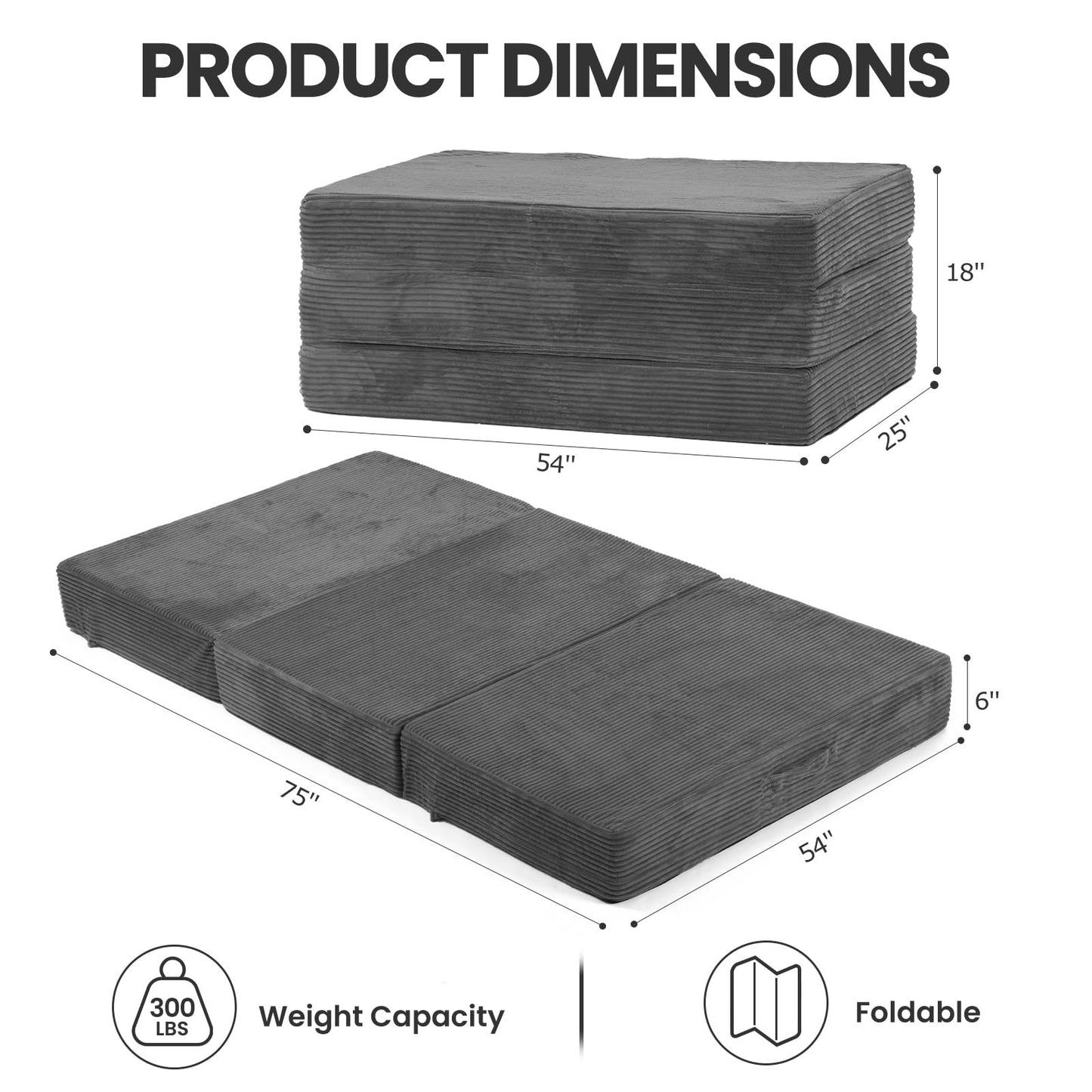 Erament 6-Inch Tri-Fold Mattress Full Size, Covertible Sofa Bed Foldable Futon Mattress with Handles & Non-Slip Bottom, Removable Machine Washable Corduroy Cover for Guest, Camping, Dorm