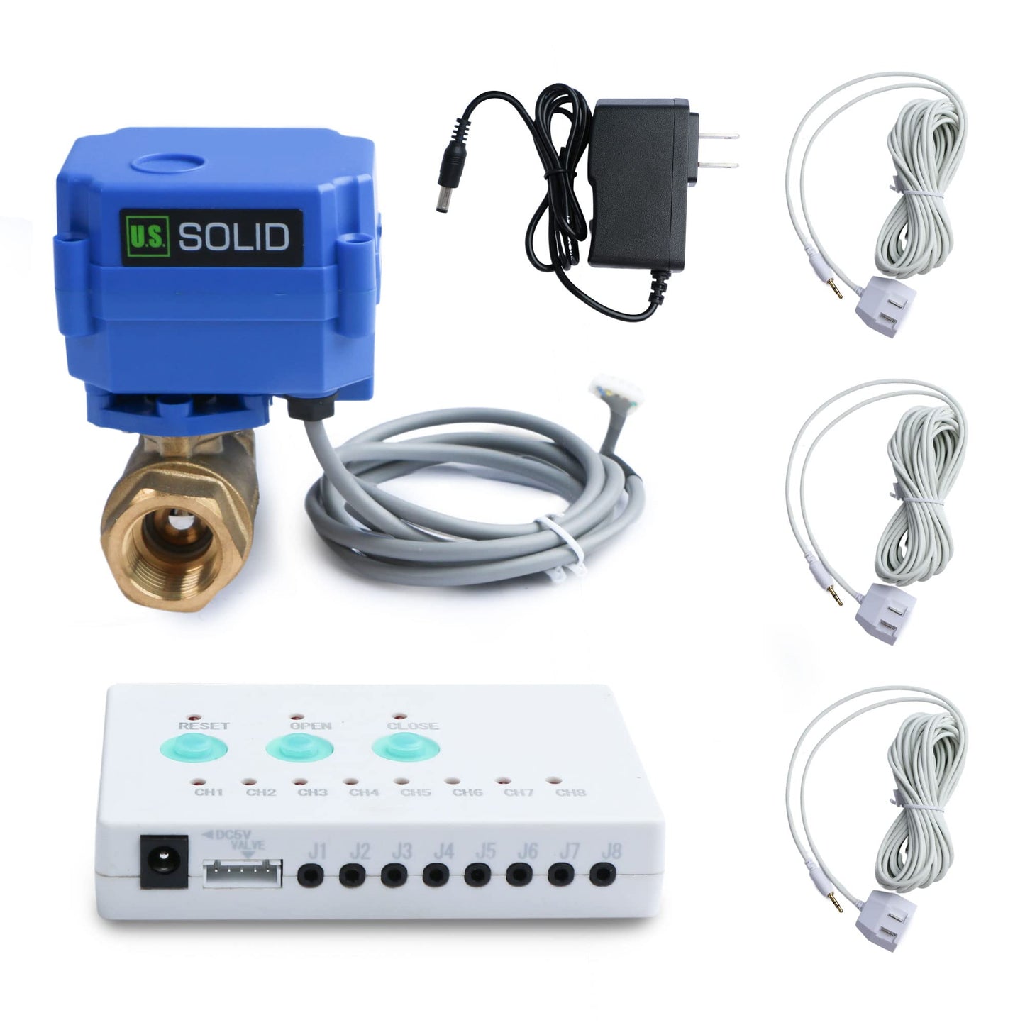 U.S. Solid Water Leak Detector with Auto Shutoff Valve, Sound Alarm, 1" Motorized Brass Ball Valve System & 3 Sensors, Home Flood Prevention & Water Damage Defense for Basement, Laundry, Water Heater