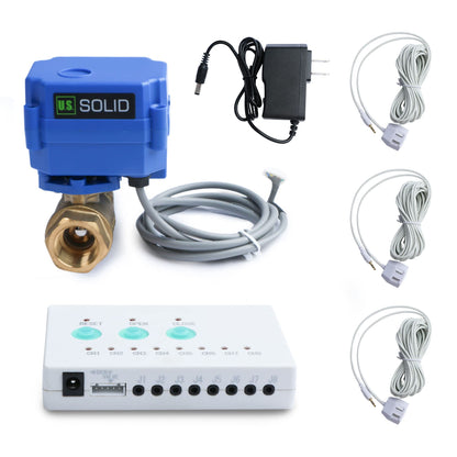 U.S. Solid Water Leak Detector with Auto Shutoff Valve, Sound Alarm, 1" Motorized Brass Ball Valve System & 3 Sensors, Home Flood Prevention & Water Damage Defense for Basement, Laundry, Water Heater