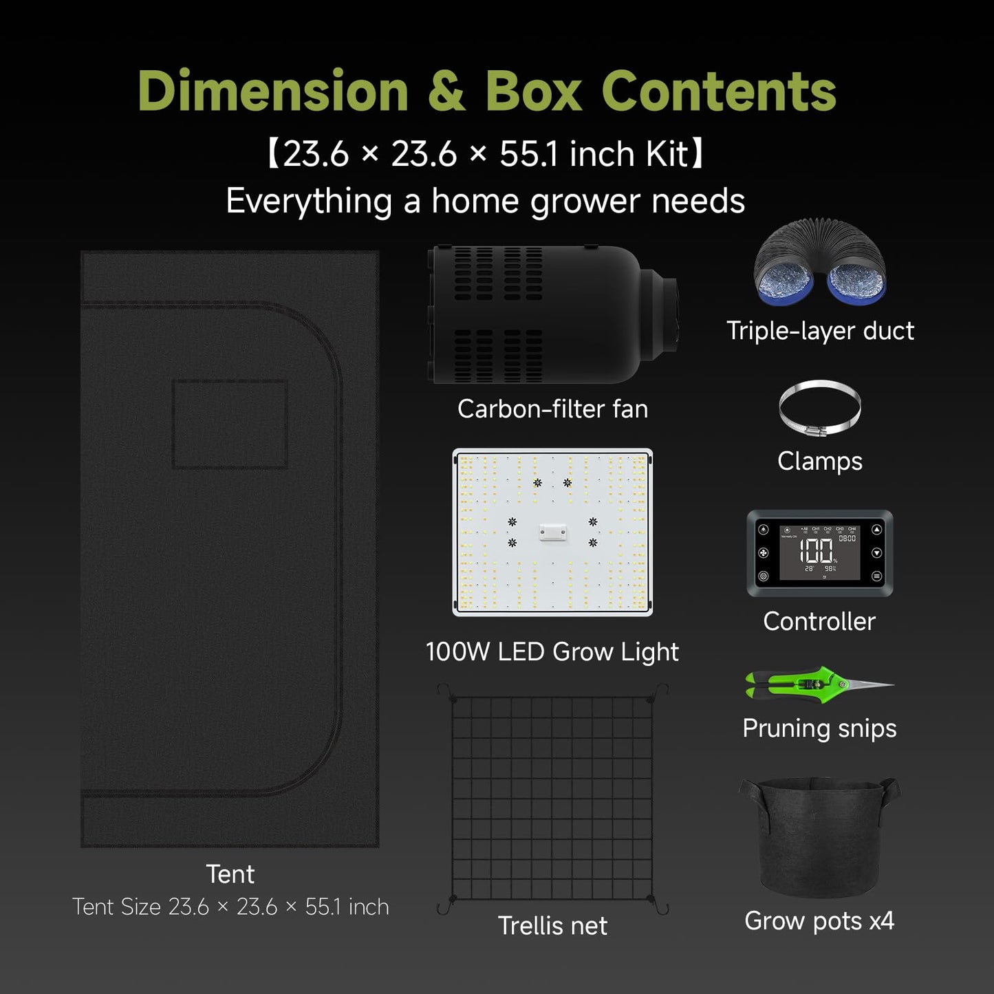 HOMEFELIZ 2x2 ft Grow Tent Complete Kit, All-in-One Fan with Activated Carbon Filter, 100W Full Spectrum LED Grow Light, 24"x24"x55" High-Reflective 1680D Diamond Mylar Tent and Smart Controller