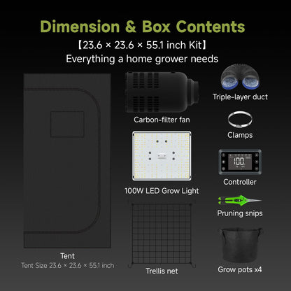 HOMEFELIZ 2x2 ft Grow Tent Complete Kit, All-in-One Fan with Activated Carbon Filter, 100W Full Spectrum LED Grow Light, 24"x24"x55" High-Reflective 1680D Diamond Mylar Tent and Smart Controller