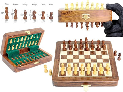 House of Chess - 6.5 Inch Wooden Magnetic Folding Travel Chess Set | Board - Algebraic Notation - Two Extra Queens - Handmade - Premium Quality (Golden Rosewood/Maple Wood)