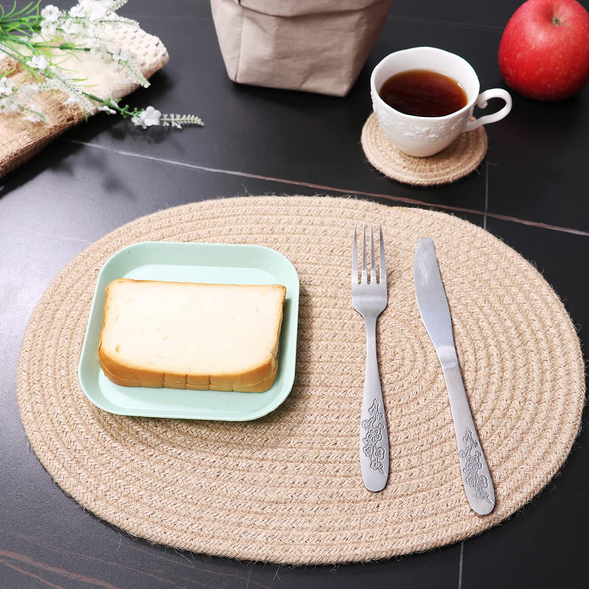 WENFOME Jute Woven Placemats Set of 6, Round Braided Tablemats Natural Jute Handmade Woven Plate Chargers Heat Resistant Non-Slip Potholder for Table Decoration(13 inch)