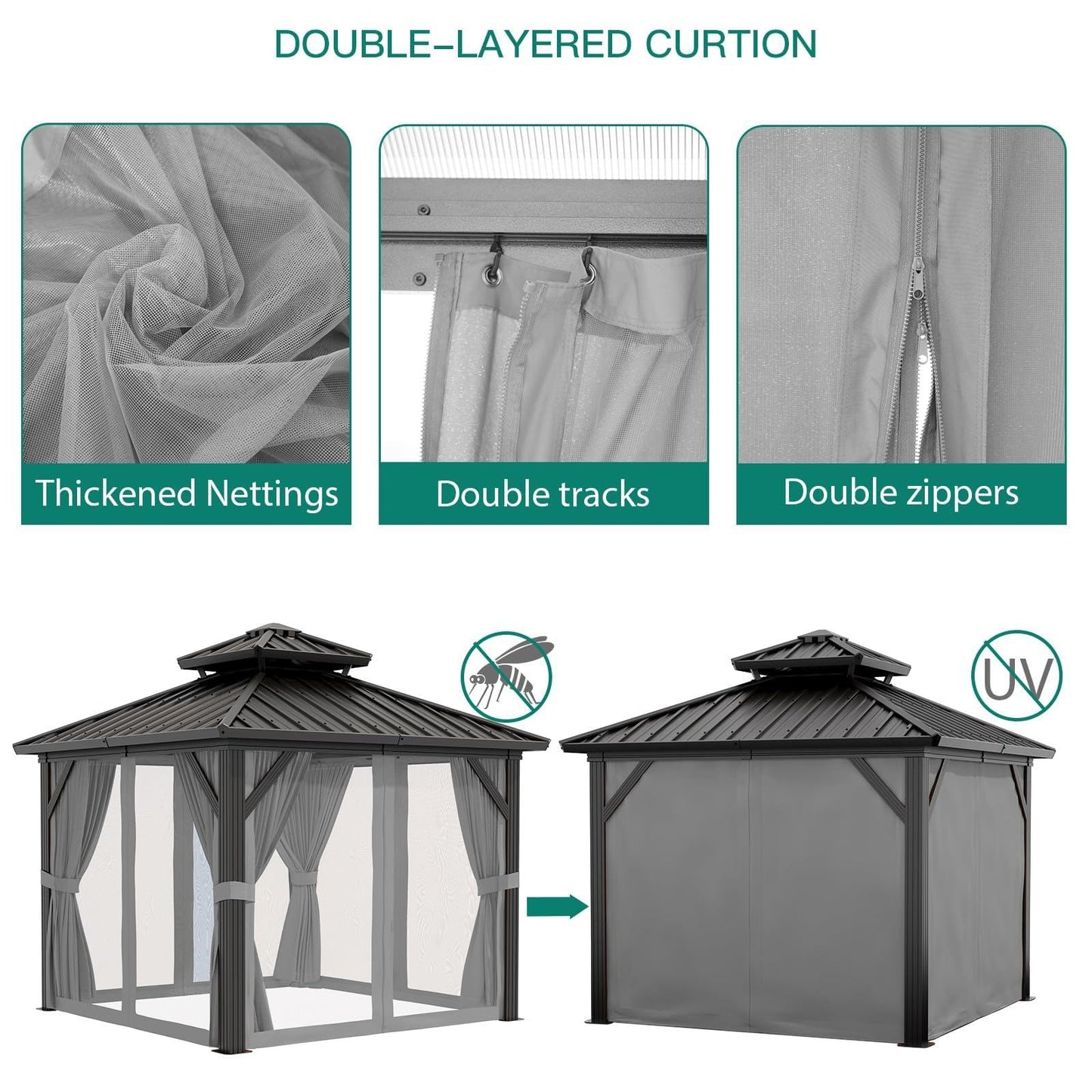 10x10 ft Double Roof Hardtop Gazebo, Heavy Duty Galvanized Steel Pavilion with Netting and Curtains, Metal Roof Patio Gazebo for Terrace, Lawn, and Deck, Gray