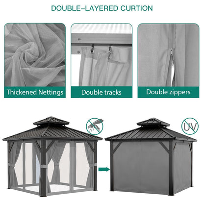 10x10 ft Double Roof Hardtop Gazebo, Heavy Duty Galvanized Steel Pavilion with Netting and Curtains, Metal Roof Patio Gazebo for Terrace, Lawn, and Deck, Gray
