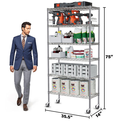 YNN Storage Shelves,6000Lbs 6 Tier Heavy Duty Metal Rolling Shelving Unit with Wheels & 8 Hooks, Adjustable Garage Wire Rack for Kitchen, Bathroom,Industrial,Pantry(36" W x 14" D x 72" H, Chrome)