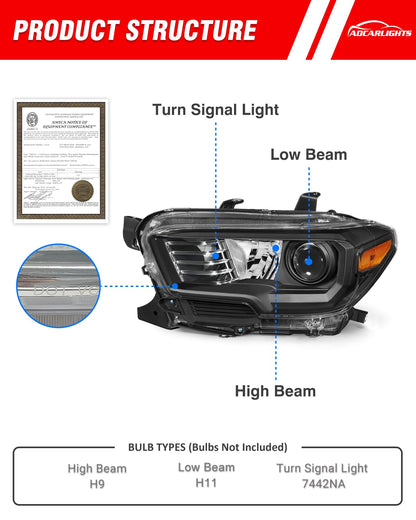 ADCARLIGHTS 2016-2023 Toyota Tacoma Headlight Assembly, Black Housing Amber Reflector IP65 Waterproof Dustproof Fits Non-LED DRL Models Only Driver and Passenger Side (Bulbs Not Included)（W/O Bulbs）