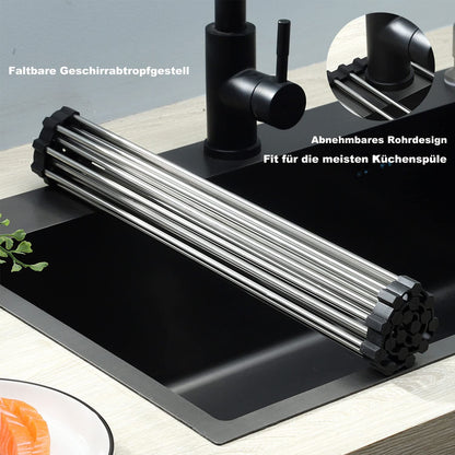 ViWaVee Dish Drainer Tableware, Foldable and Removable Dish Drainer Over The Sink, Drying Mat, Draining Rack Sink for Cups, Fruit, Vegetables, Super Kitchen Organiser (Black (43 x 35))
