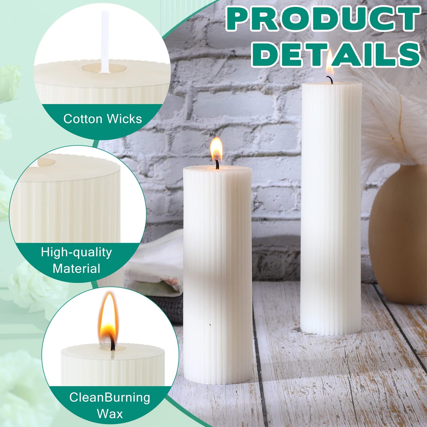 Set of 12 Ribbed Pillar Candles Soy Wax Home Decor Modern White Candles with Cotton Wick for Wedding Home Restaurants Spa Church Decoration