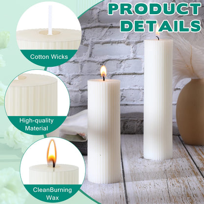 Set of 12 Ribbed Pillar Candles Soy Wax Home Decor Modern White Candles with Cotton Wick for Wedding Home Restaurants Spa Church Decoration