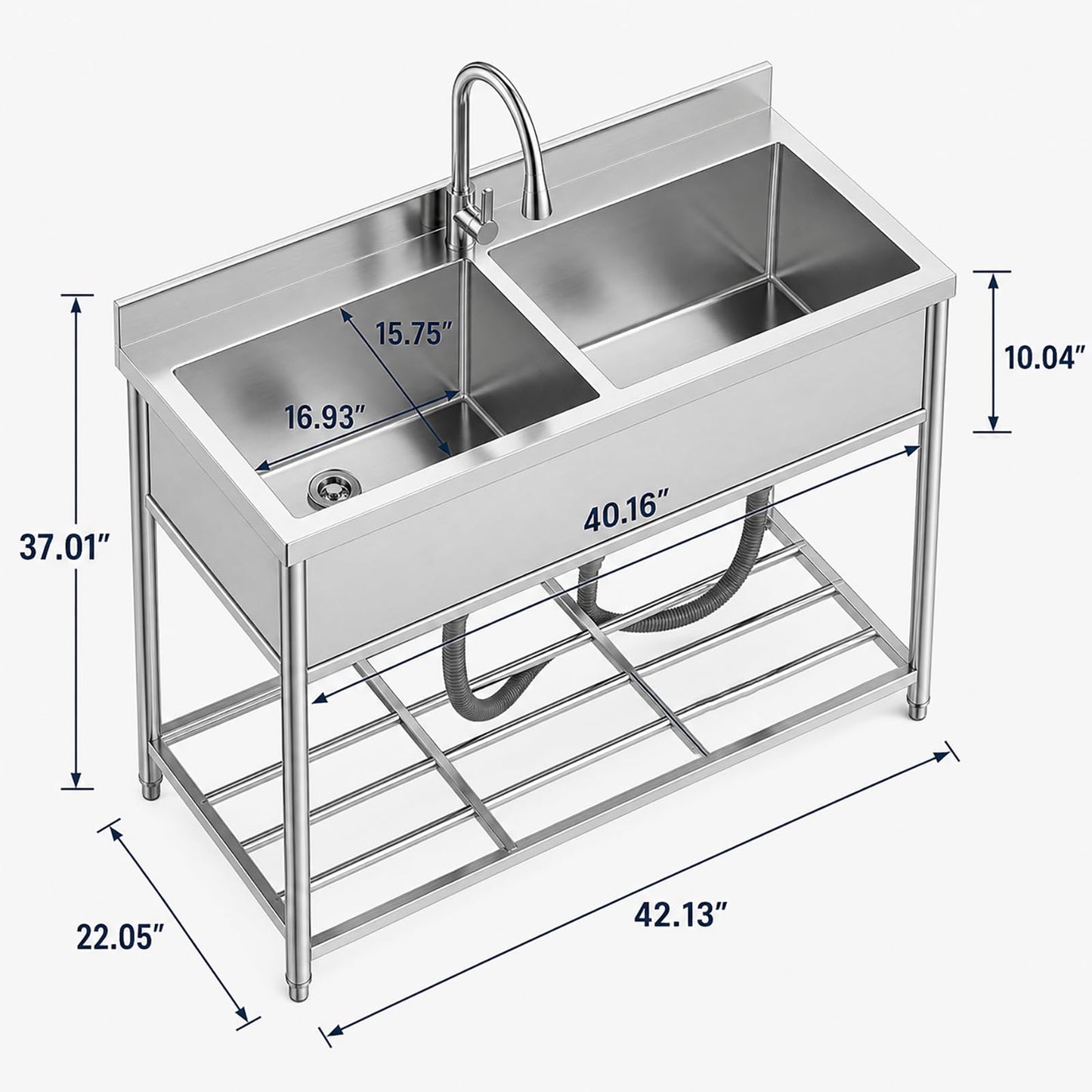 42" x 22" Freestanding Stainless Steel Utility Sink with Pull Down Faucet and Workbench Top, Extra Wide Basin for Laundry Room, Garage, or Workshop