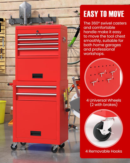 ARNOT 2-in-1 Rolling Tool Chest with 5 Drawers, Heavy-Duty Metal Tool Box with Wheels, Detachable Top Tool Box & Rolling Tool Cabinet for Garage, DIY (6-Drawers Whith Middle Box, Red)