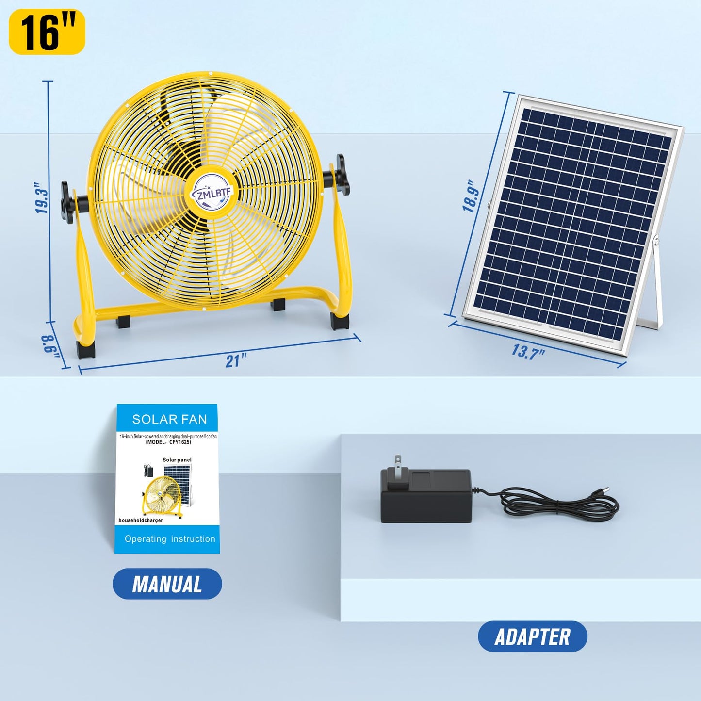ZMLBTF 16" Solar Powered Fan with 20W Solar Panel & Rechargeable Battery, Portable, Quiet 12 Speed, 360° Tilt Head for Outside, Camping, Travel, Greenhouse, Chicken Coop, Patio, gazebo (Yellow)