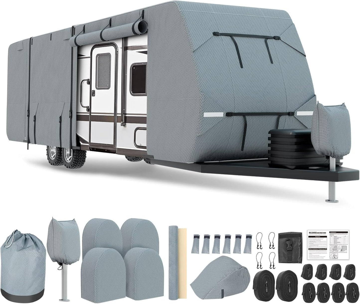 DenForste RV Cover 33-35ft, Travel Trailer Heavy Duty Extra-Thick 8 Layers Anti-UV Waterproof Windproof Camper Cover with Tongue Jack Cover, Extra Windproof Ropes, Gutter Covers