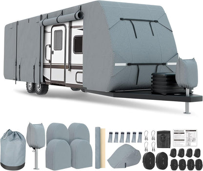 DenForste RV Cover 33-35ft, Travel Trailer Heavy Duty Extra-Thick 8 Layers Anti-UV Waterproof Windproof Camper Cover with Tongue Jack Cover, Extra Windproof Ropes, Gutter Covers