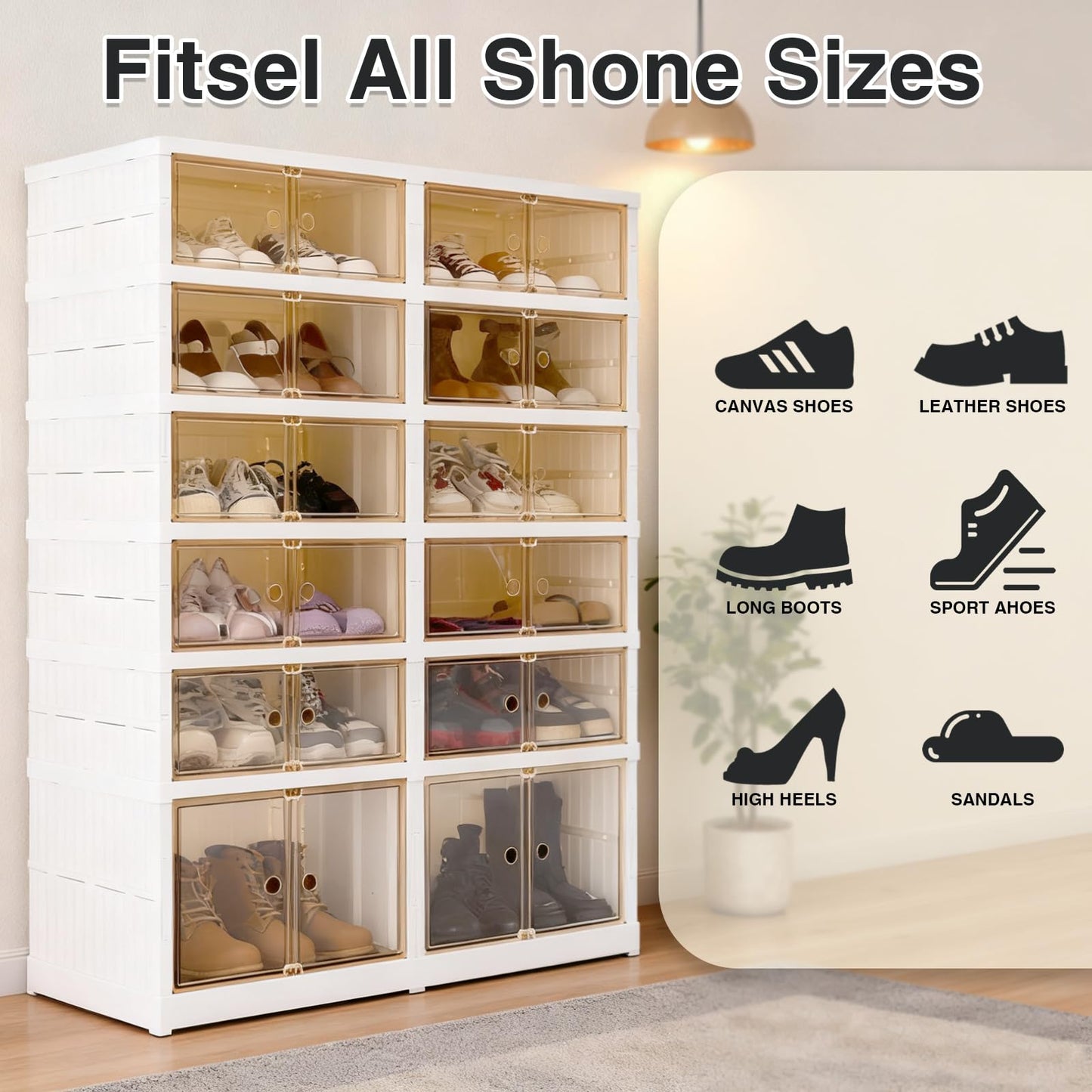 SAYMA Foldable Shoe Rack Organizer, Plastic Collapsible Shoe Storage Cabinet with Door, Easy Assembly Shoe Shelf for Entryway, Clear Stackable Shoe Box (6 Tiers, 24 Pairs)