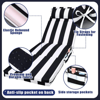 Wenqik 2 Pcs Outdoor Chaise Lounge Cushion with Pillow and Side Pocket Waterproof Lounge Chair Cushions with Pocket on Back 72 x 21 x 4 Inch Patio Replacement Pad for Pool Furniture(Black and White)