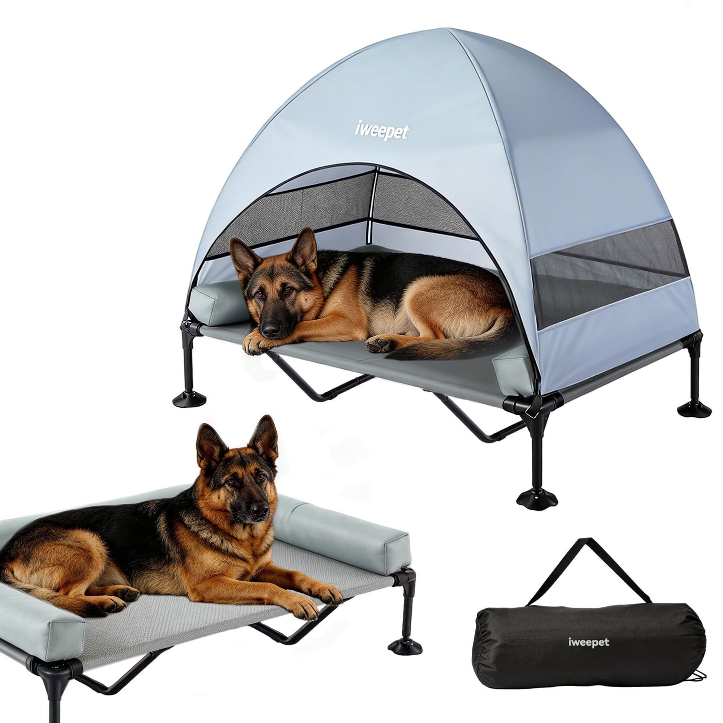 iweepet 4 in 1Elevated Dog Cot with Removable Canopy & Bolster Pillows for Extra Large Dog,Cooling Raised Outdoor Dog Bed with Breathable Teslin Mesh,Carry Bag for Camping,Patio, Backyard, 52''