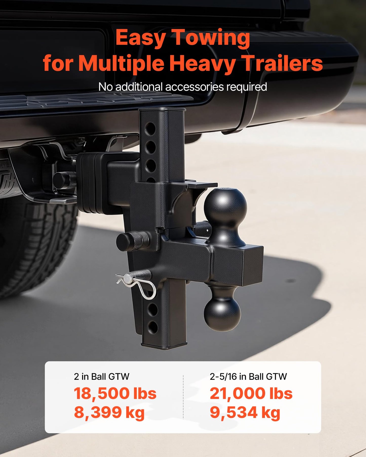 VEVOR Adjustable Trailer Hitch, Fit 2.5 Inch Receiver, Trailer Hitch Mount with 2 Inch & 2-5/16 Inch Balls, 21000 lbs GTW, 9 Inch Drop, Towing Ball Mounts for RVs, Off-Road Vehicles and Trucks, Black